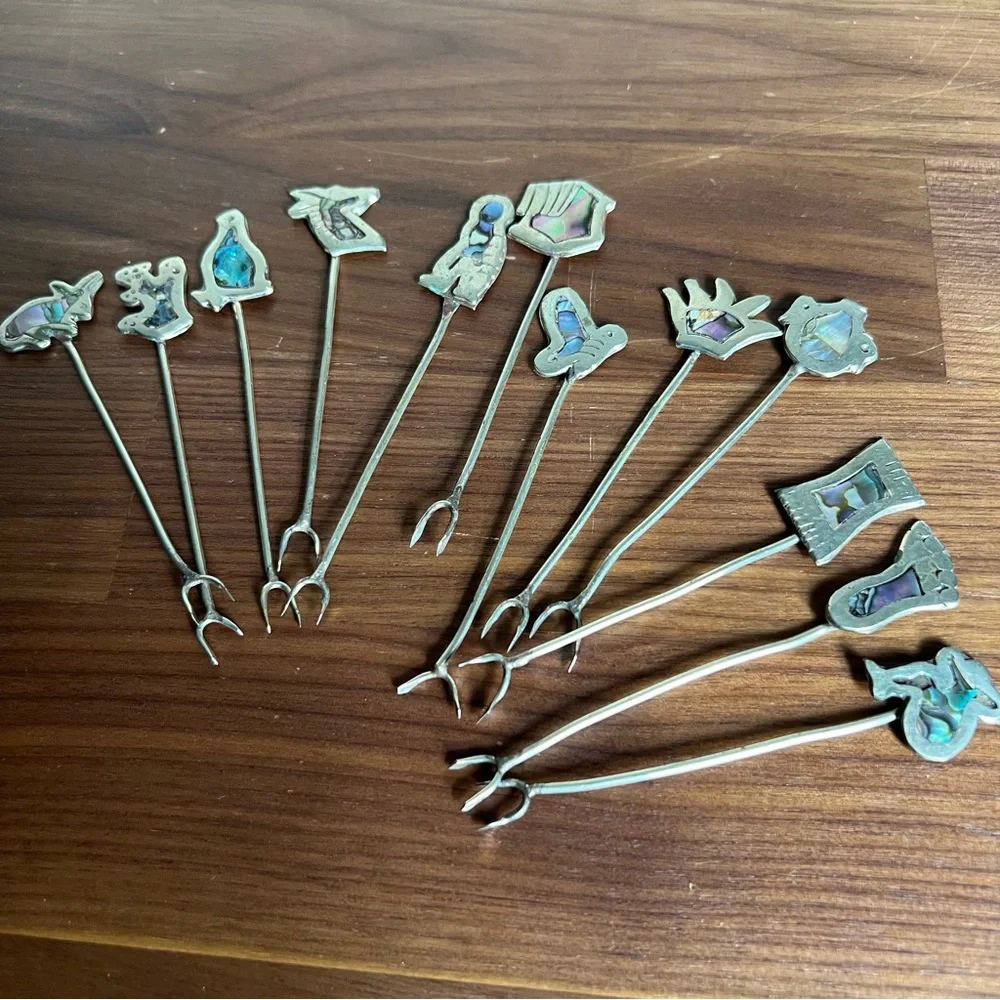 Vintage Set of 12 Abalone Mother of Pearl Inlay Mexican Silver Cocktail Picks